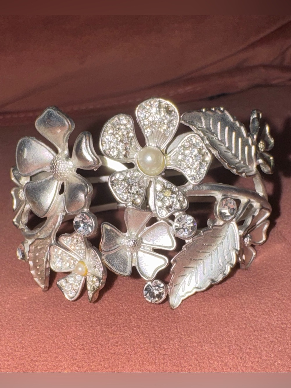 Silver Tone Floral Rhinestone Faux Pearl Hinged Cuff Bracelet